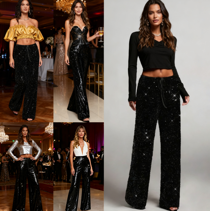 🎄🎁Christmas Sale 50% OFF🥰Women's Sequin Sparkle Wide Leg Pants with Elastic Waistband
