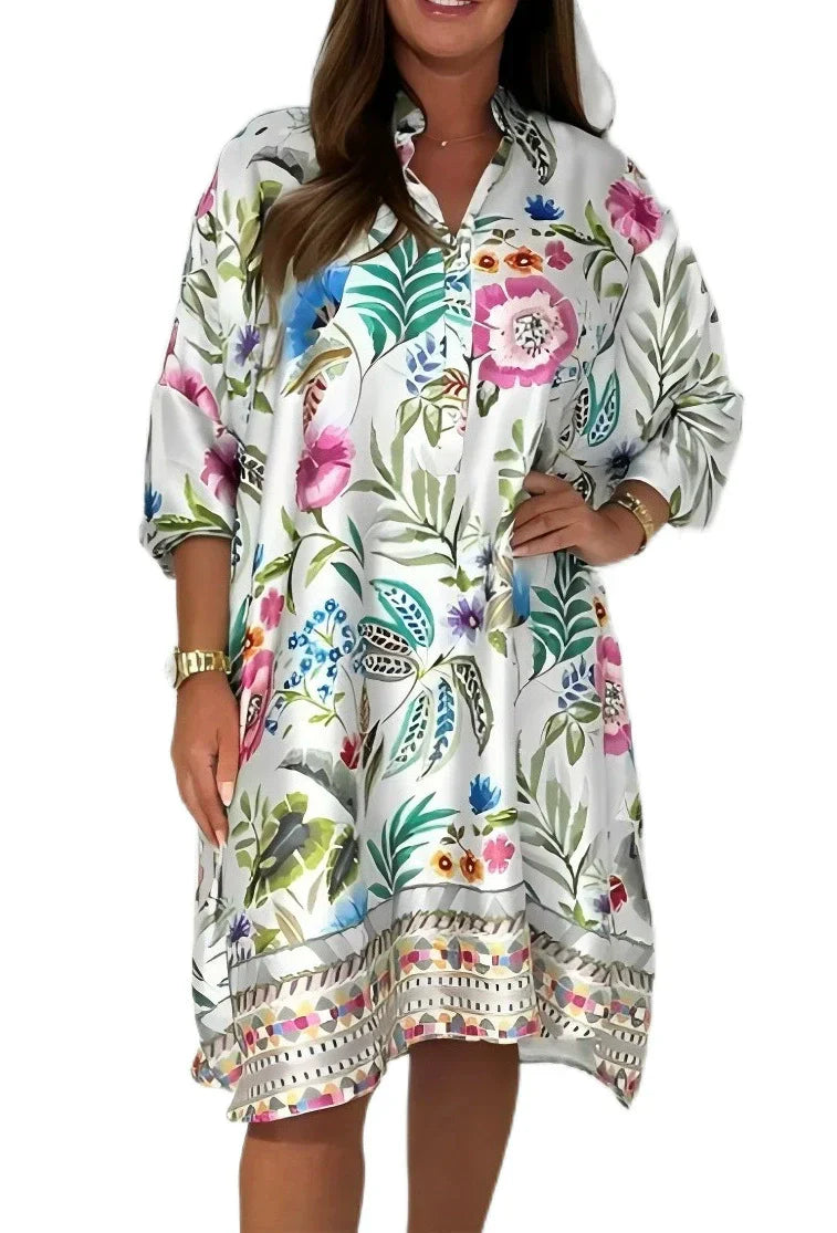 Loose dress with V-neck and half button placket with floral pattern