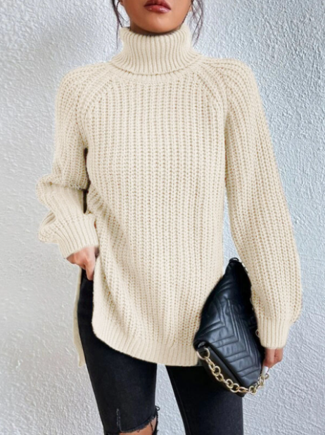 🌸Up to 40% OFF🔥Cotton Turtleneck Raglan Sleeve Split Hem Sweater