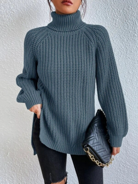 🌸Up to 40% OFF🔥Cotton Turtleneck Raglan Sleeve Split Hem Sweater