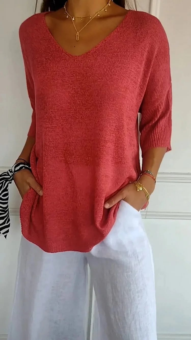 🔥Hot Sale-50% OFF🥰Solid Color Knitted V-neck Top