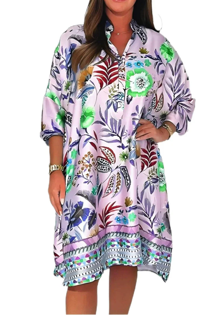 Loose dress with V-neck and half button placket with floral pattern