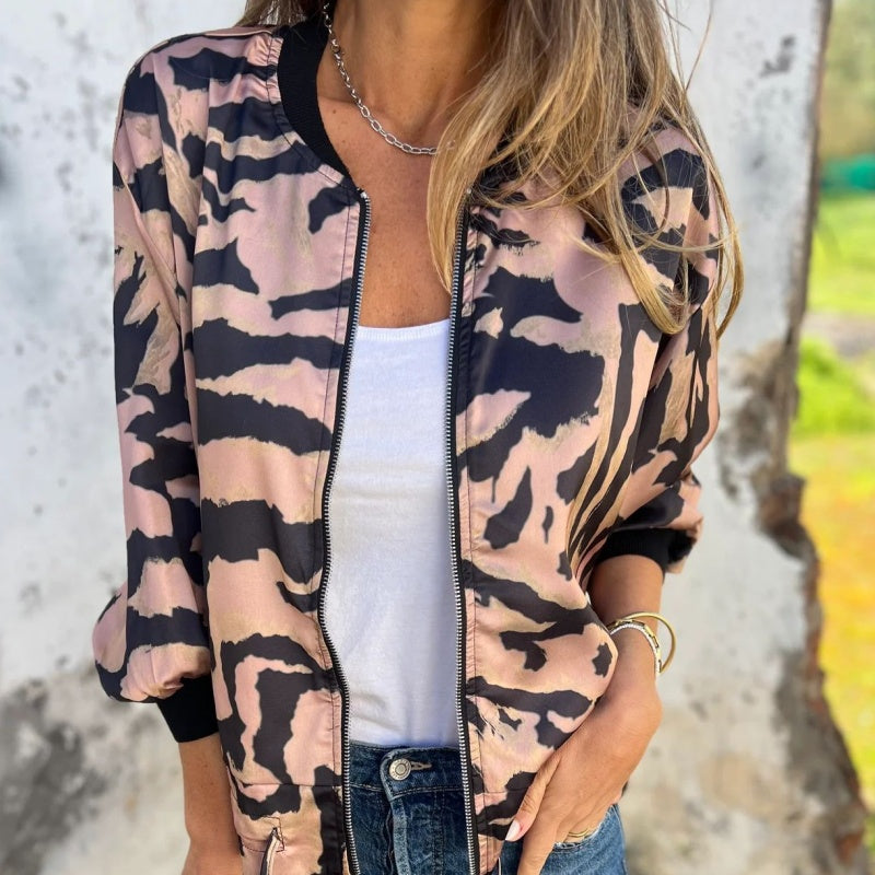 🔥Today 50% off🔥Women's Fall Zebra Print Zipper Bomber Jacket