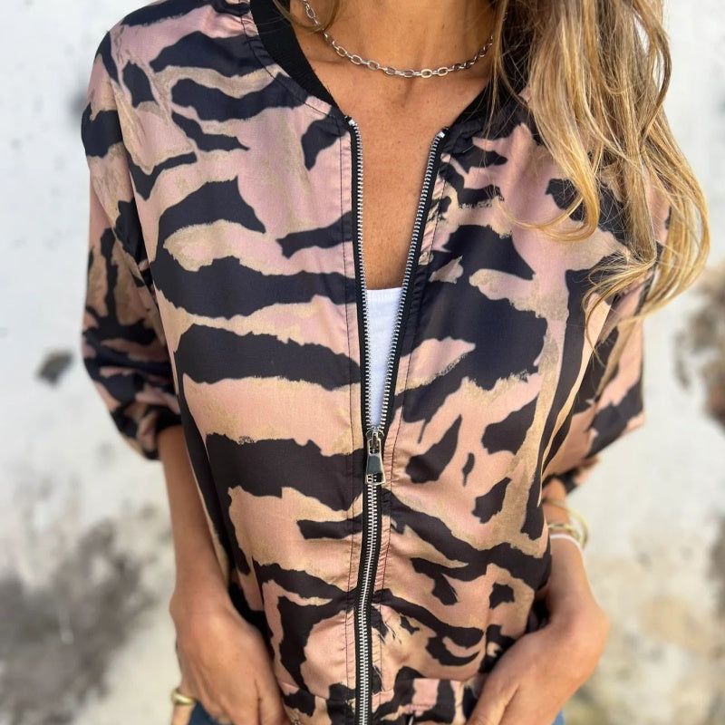 🔥Today 50% off🔥Women's Fall Zebra Print Zipper Bomber Jacket