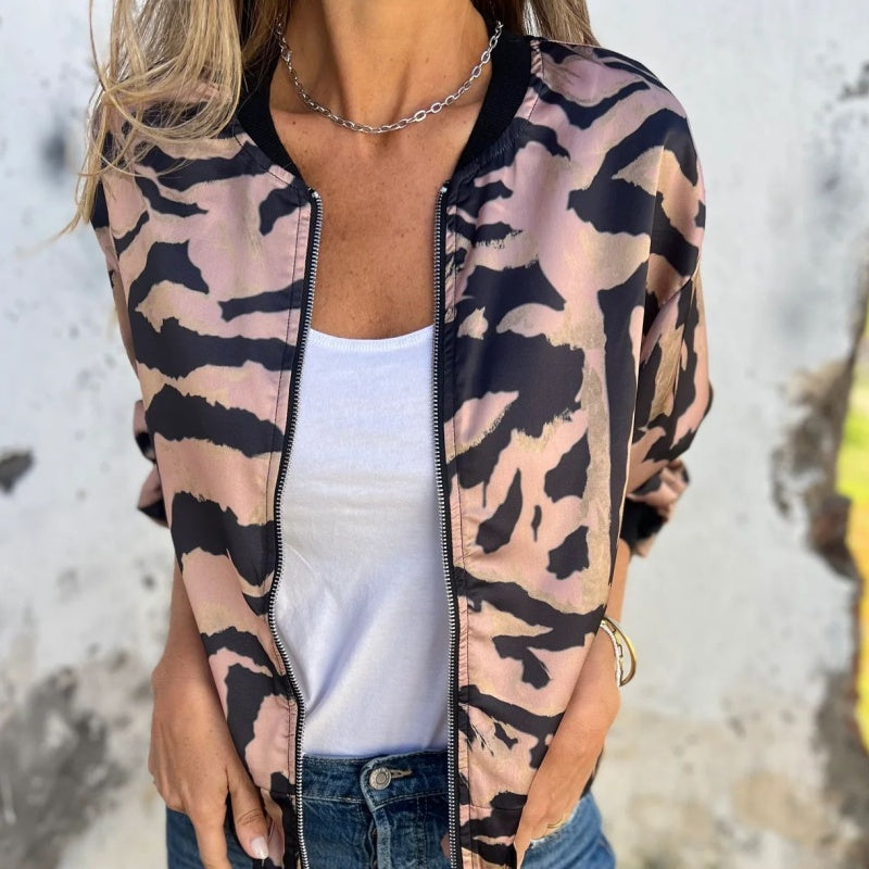 🔥Today 50% off🔥Women's Fall Zebra Print Zipper Bomber Jacket