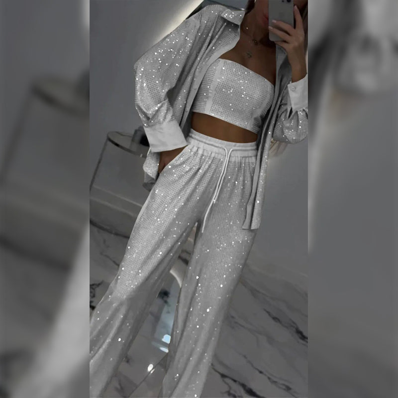 🌟👠Must-Have for Shiny Partiest✨ Dazzling Blazer & Wide-Leg Pants, Stylish and Grand, Perfect for Parties!