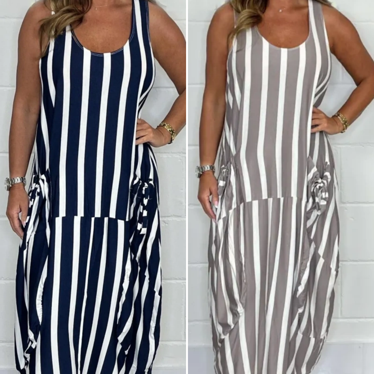 👗Stripe Oversized Tie-Front Pocket Dress