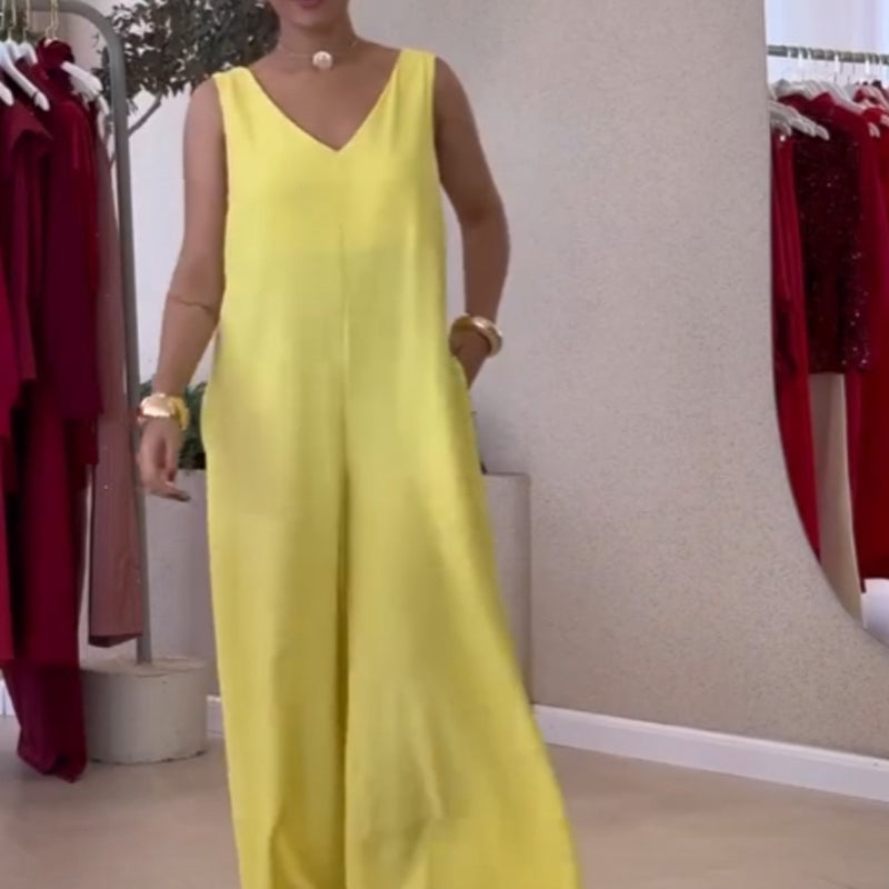 Women’s Sleeveless V-Neck Wide Leg Jumpsuit with Waist Belt