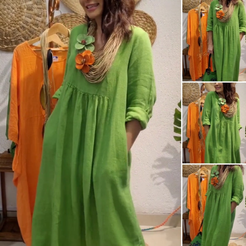 Women's Casual Boho Style Long-Sleeve Linen Dress