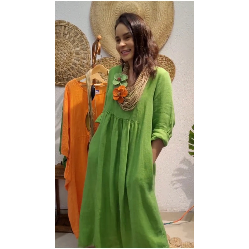 Women's Casual Boho Style Long-Sleeve Linen Dress
