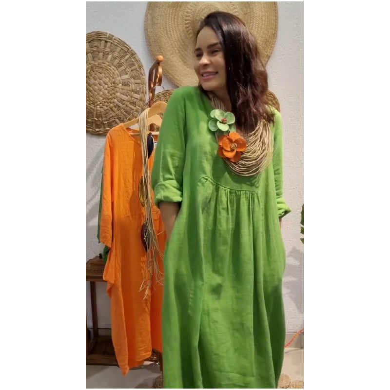 Women's Casual Boho Style Long-Sleeve Linen Dress