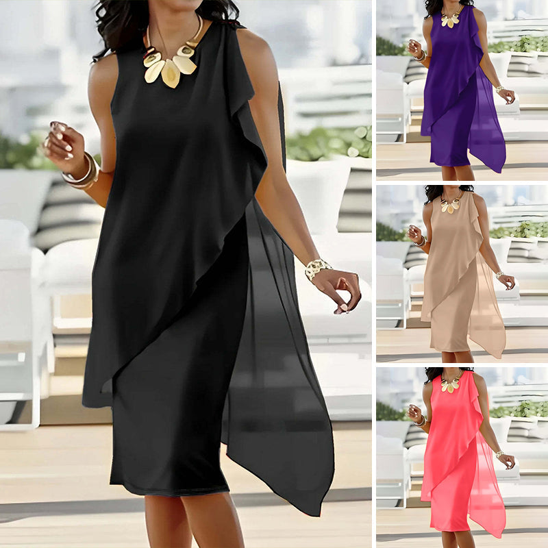 👗Women's Summer Elegant Round Neck Asymmetric Mesh Sleeveless Dress