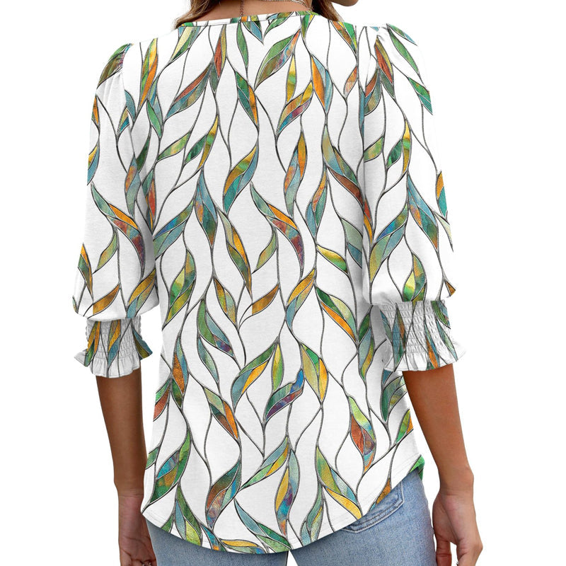 🌞Summer Sale 50% OFF🔥Blouses for Women Dressy Casual 3/4 Length Sleeve Women’s Tops with Smocked Cuffs