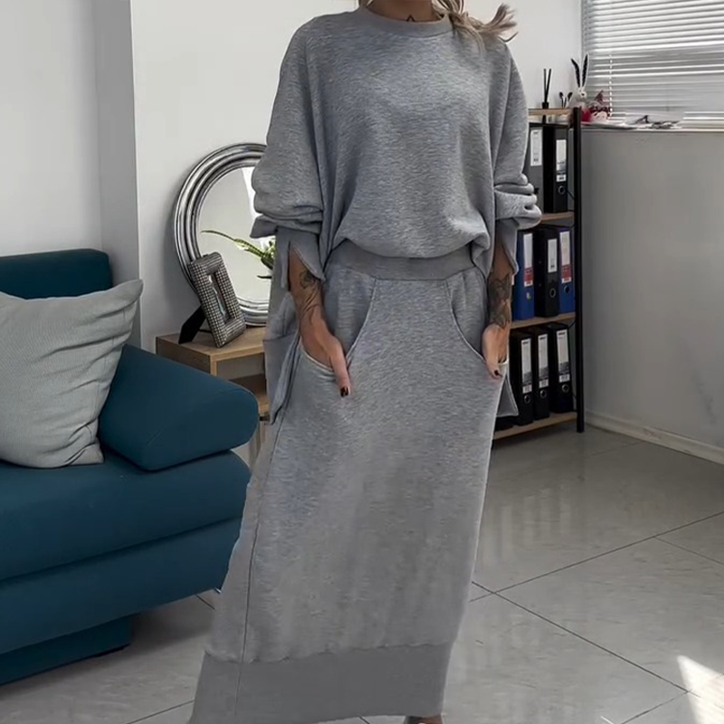 Women's Round-Neck Sweatshirt & Skirt 2-Piece Set