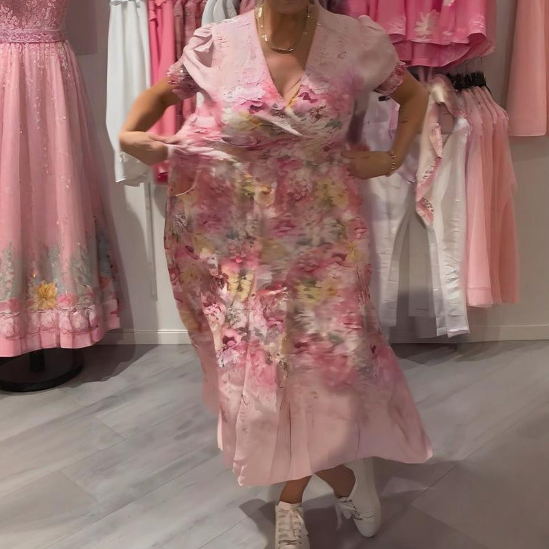 Women's Elegant Floral Print V-Neck Long Dress