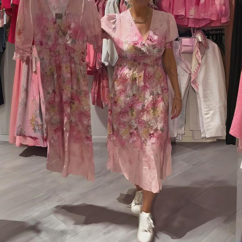Women's Elegant Floral Print V-Neck Long Dress