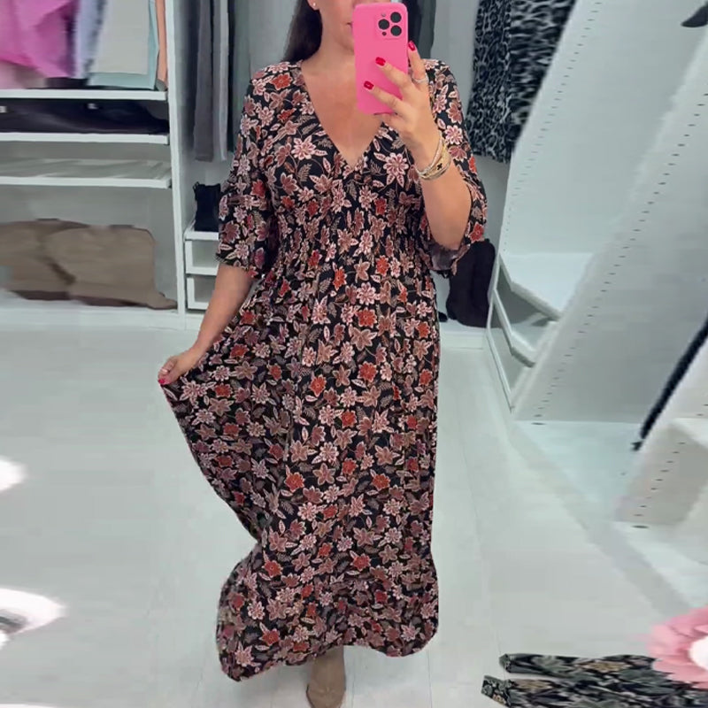 💃Time-limited Special 50%OFF⏰V-neck Printed Maxi Dress with 3/4 Sleeves🍁Let this Autumn be Filled with Your Elegance💗