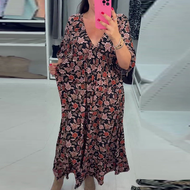 💃Time-limited Special 50%OFF⏰V-neck Printed Maxi Dress with 3/4 Sleeves🍁Let this Autumn be Filled with Your Elegance💗