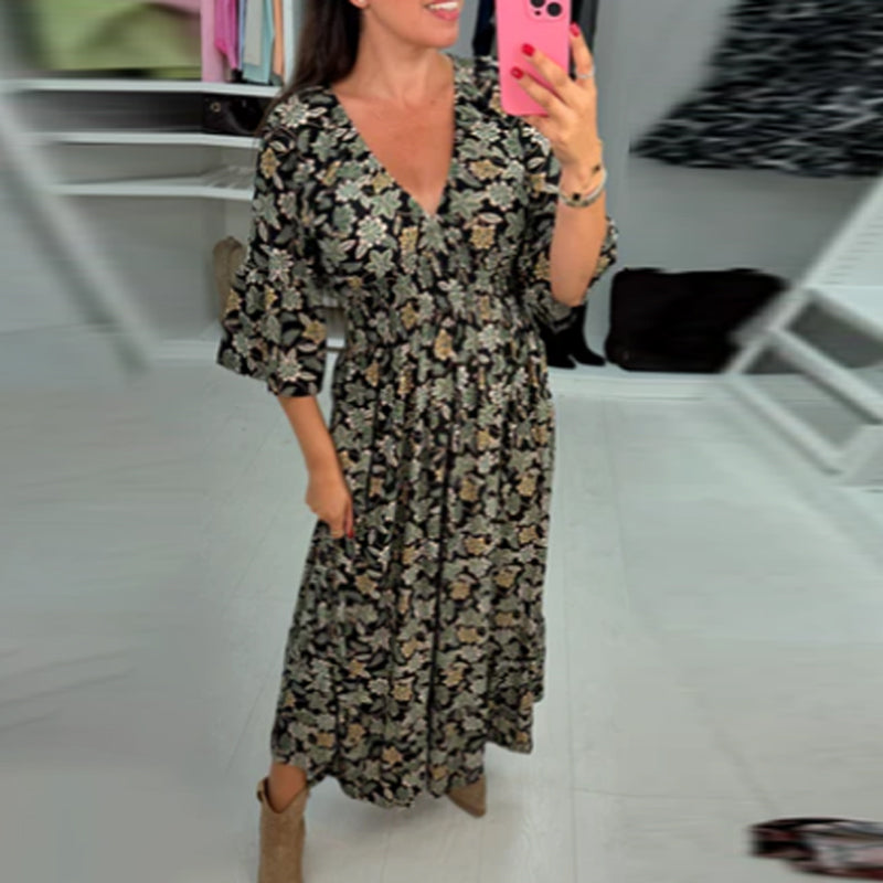 💃Time-limited Special 50%OFF⏰V-neck Printed Maxi Dress with 3/4 Sleeves🍁Let this Autumn be Filled with Your Elegance💗