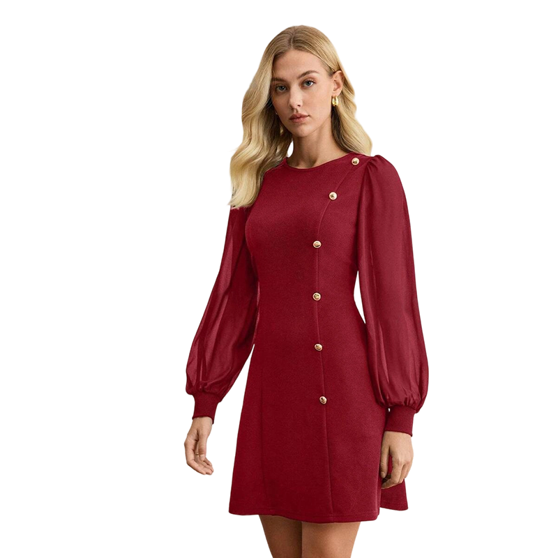 Elegant Long Sleeve Dress with Asymmetrical Button Detail