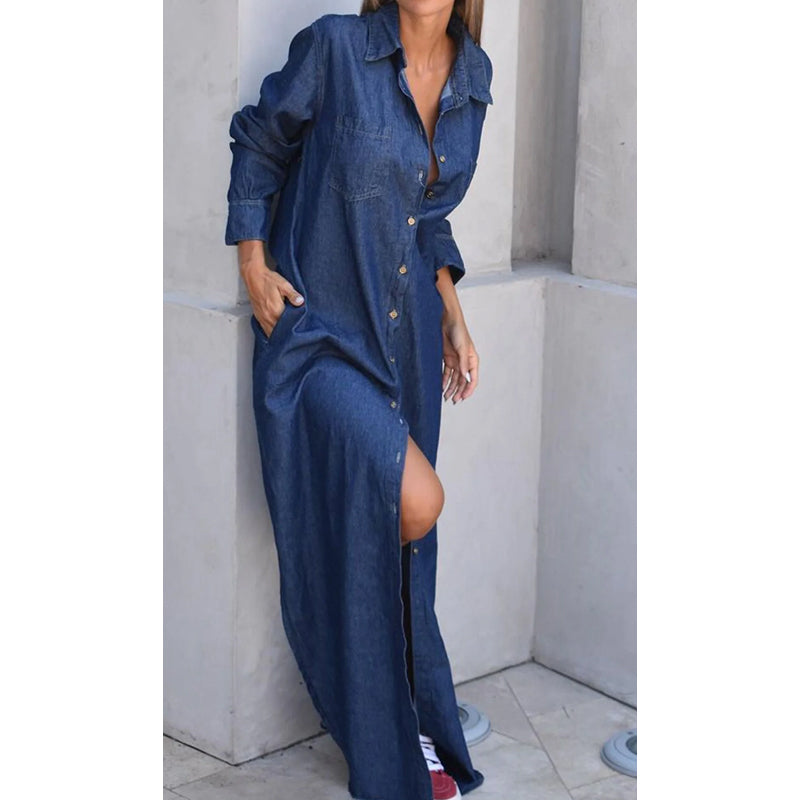 ⏳Time-Limited Special⏰Women's Button-Down Silt Denim Maxi Shirt Dress