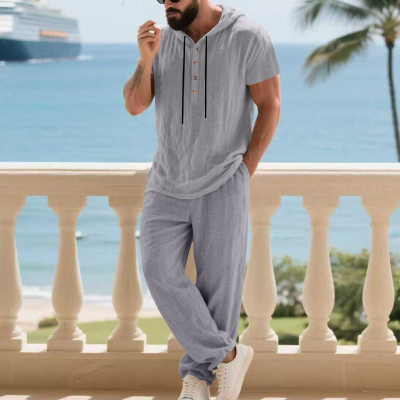 Men's 2-Piece Linen Set Hooded Henley Shirt & Pants