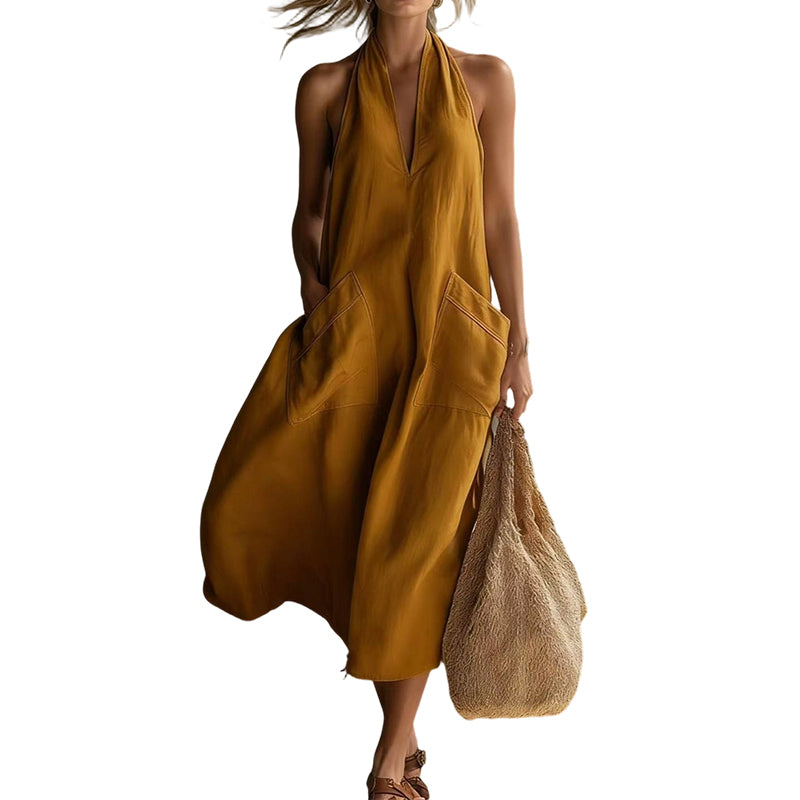 ๐ LIMITED-TIME 50% OFF! ๐ Women's Casual Halter V-Neck Midi Dress โ Flowy, Patch Pockets, Breathable ๐