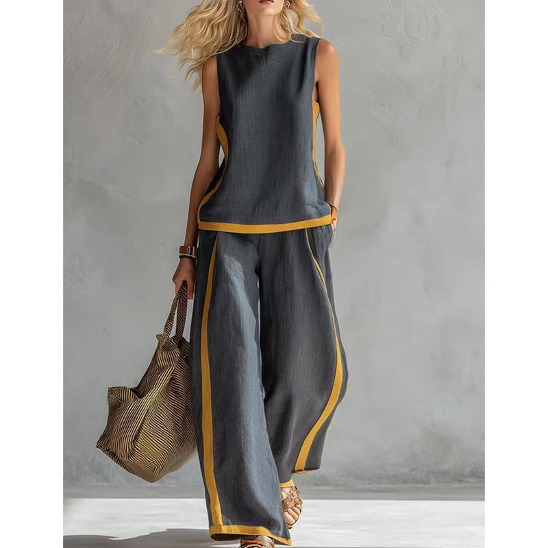 🔥New arrivals on sale-Casual Sleeveless Colorblock Top & Wide-Leg Pants Set