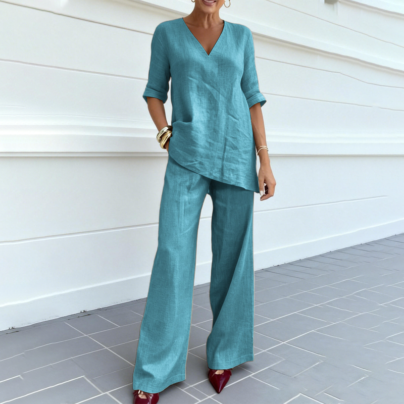 🔥Limited-time offer-Breathable Linen Blend V-Neck Top and Pants Suit