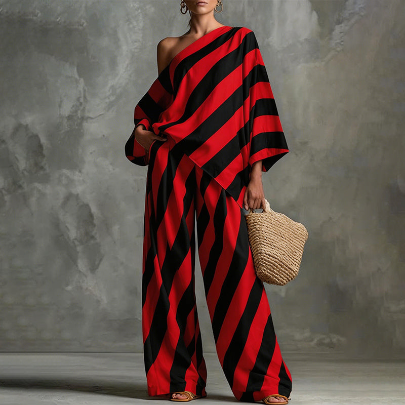 ๐ LIMITED-TIME 50% OFF! โจ Women's Asymmetrical Stripe Set โ One-Shoulder, Wide-Leg, Breezy ๐