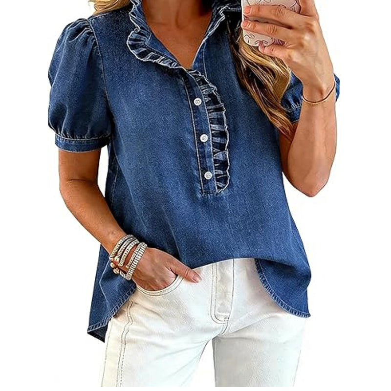 ⌛Limited-Time Offer-Women's Ruffle Collar Denim Top
