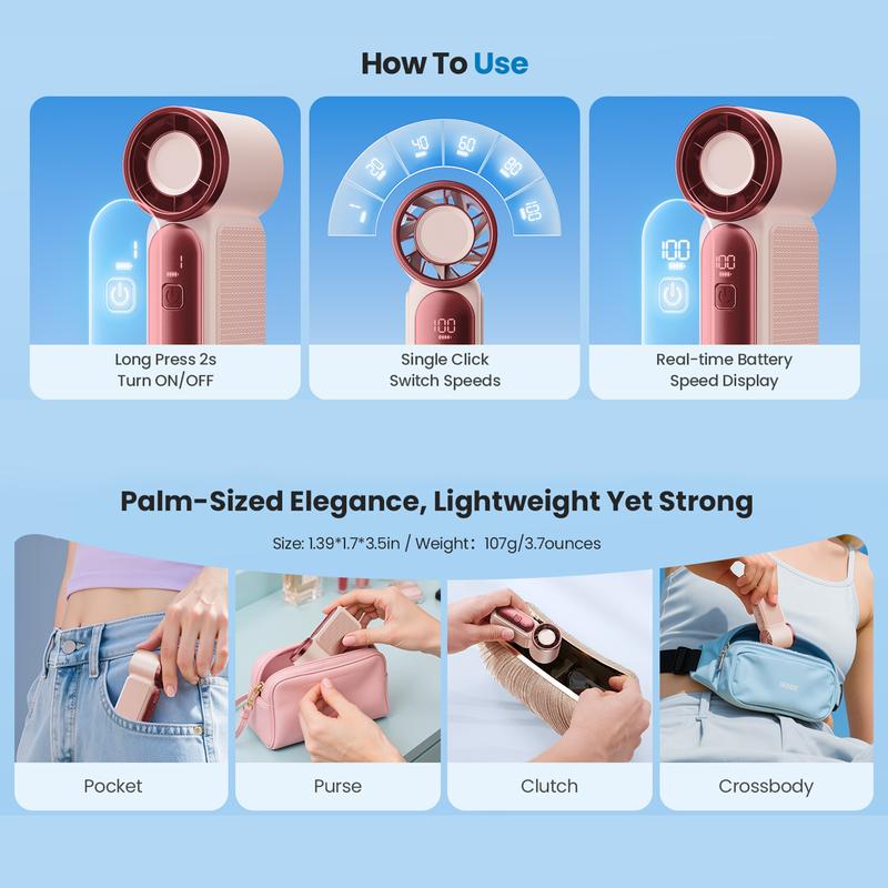 Mini Handheld Fan with LED Display –👍5-Speed Turbo Pocket size Fan.✨USB Rechargeable, High-Speed Cooling for Travel & Makeup. Perfect Gift. Portable Refrigeration
