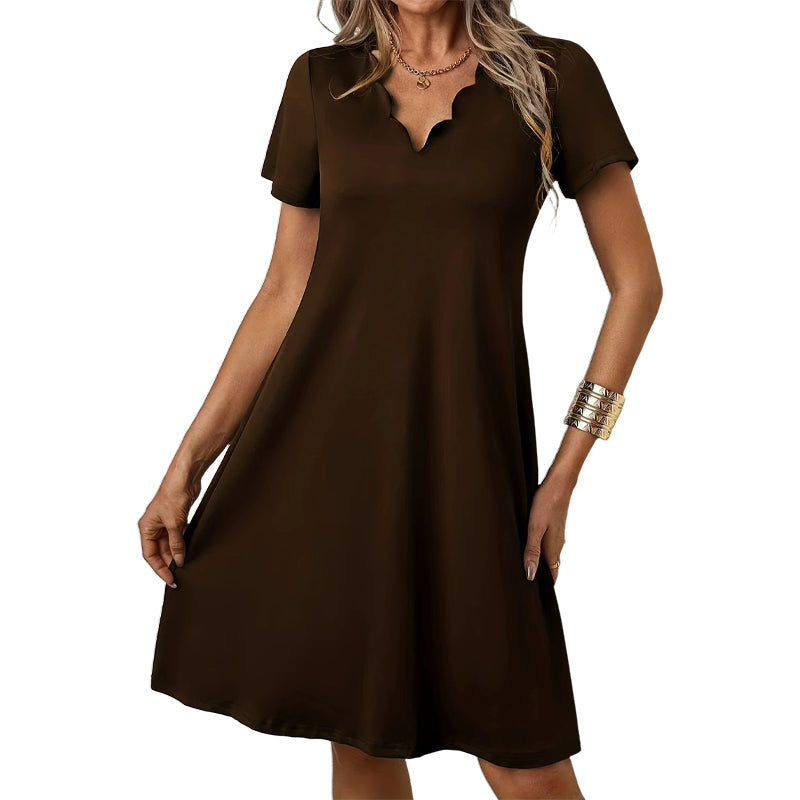 Women's Scalloped V-Neck High Waist Solid Color Dress