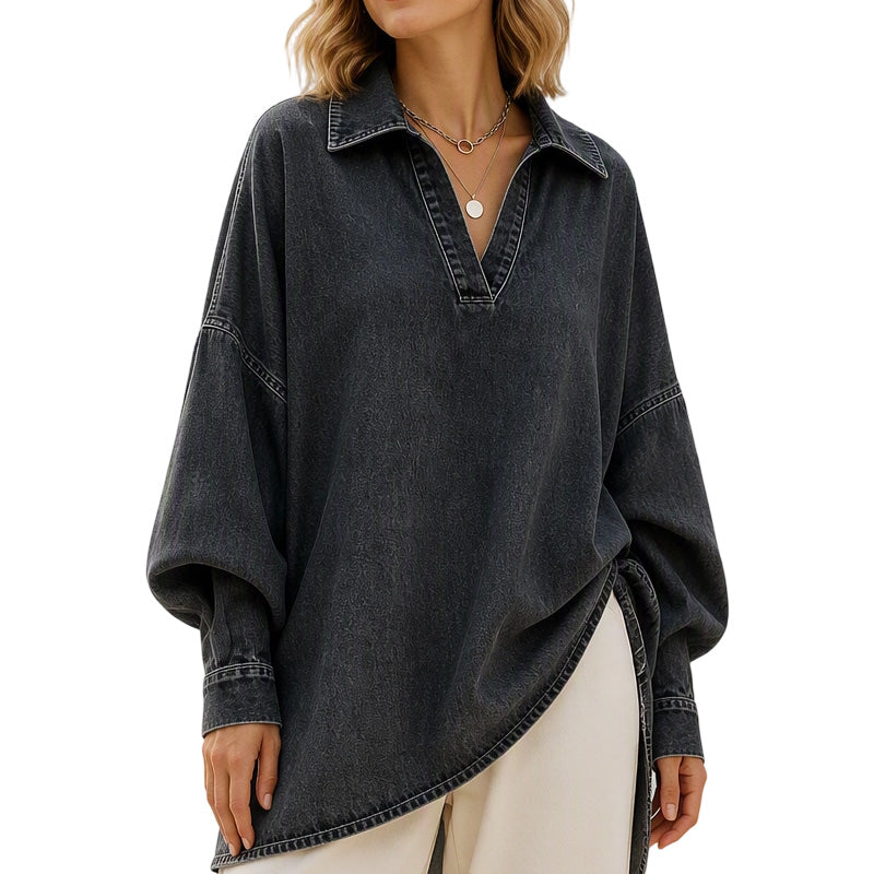 ๐ Relaxed Denim Style | Women's Oversized Washed Denim Batwing V-Neck Blouse