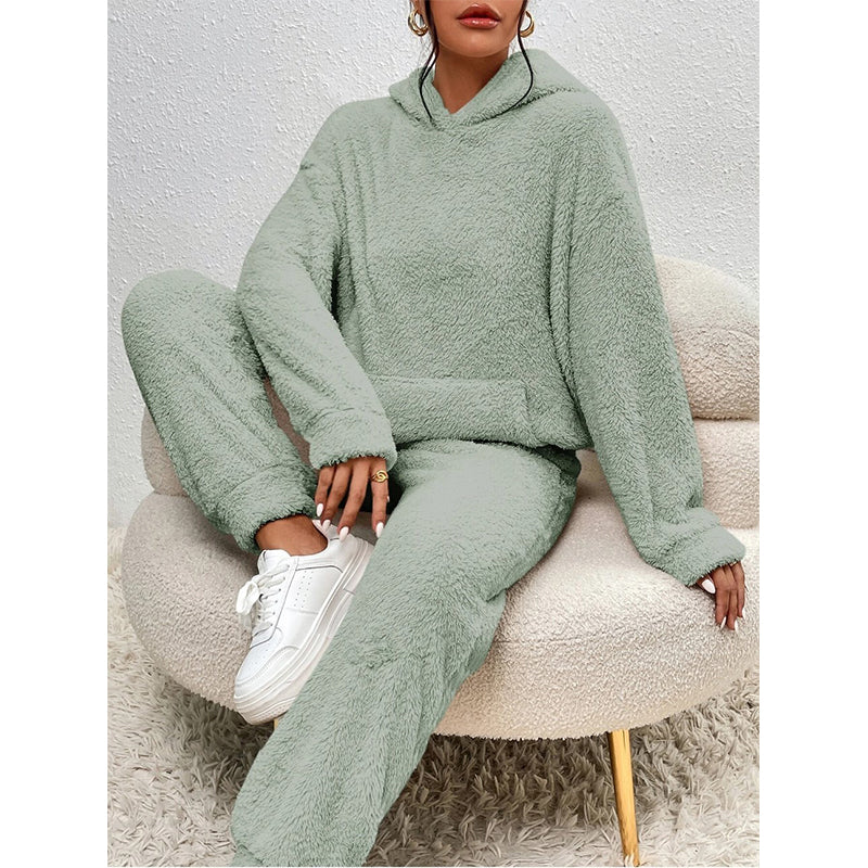 🧸 Cozy Plush Warmth, Effortless Matching | Women's Hooded 2-Piece Lounge Set