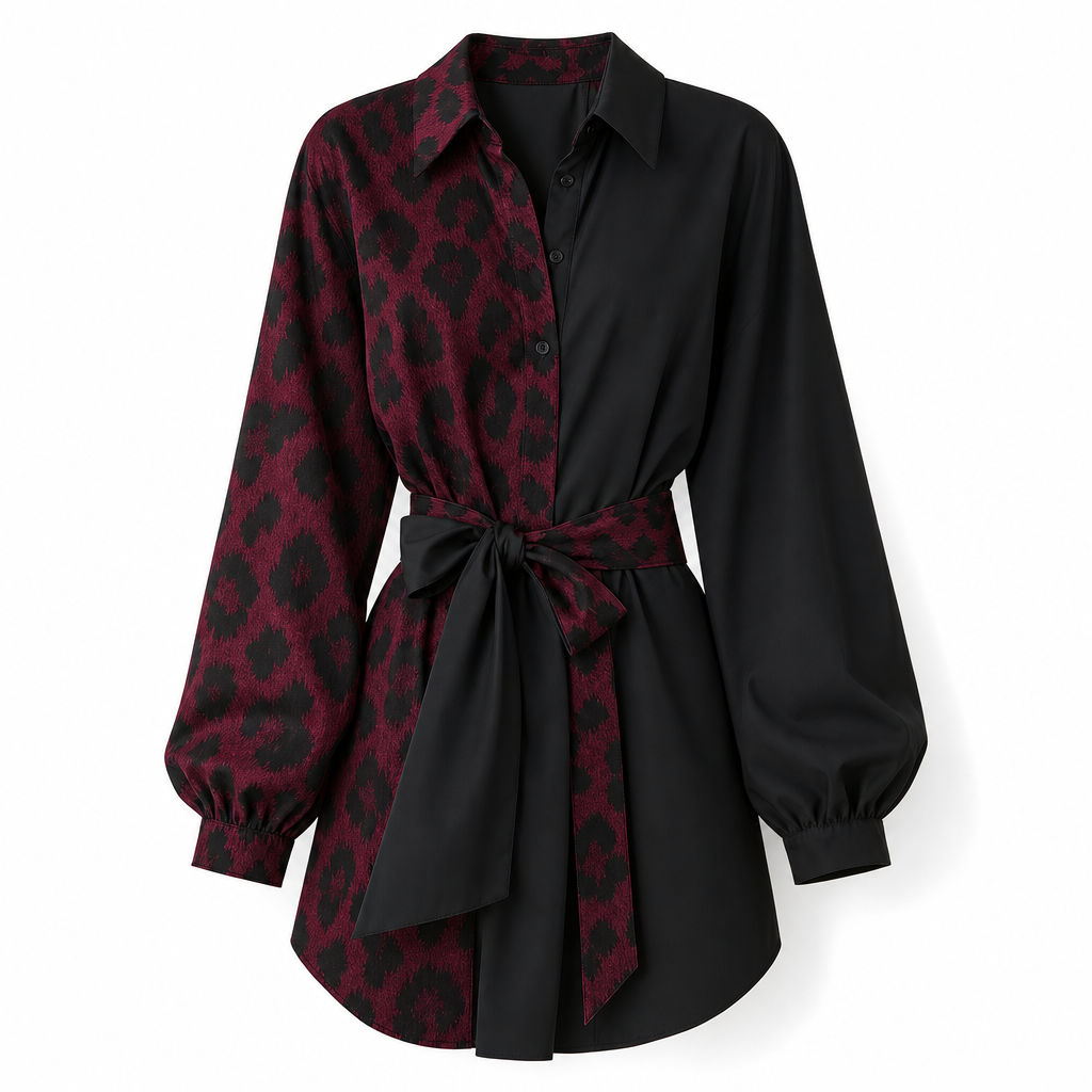 🖤Black Friday Sale:50% OFF🖤 🐆Women's Leopard Print Contrast Patchwork Long Sleeve Shirt Mini Dress with Belt