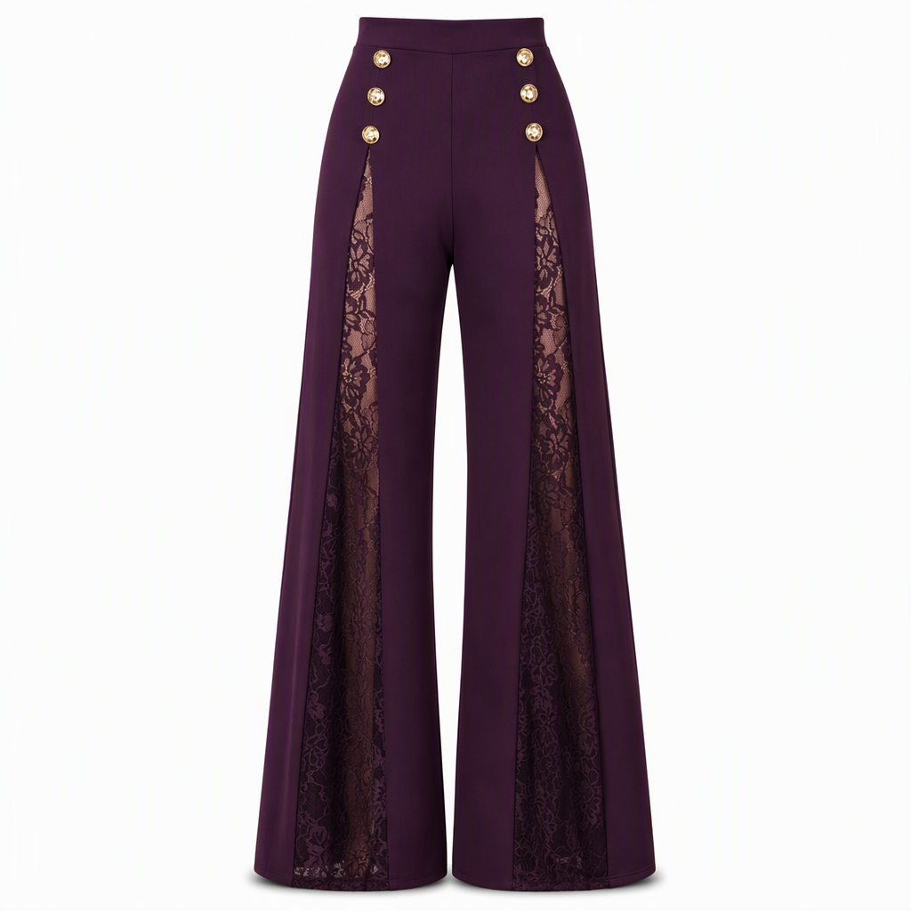 Women's High Waisted Lace Spliced Wide Leg Trousers with Decorative Gold Buttons