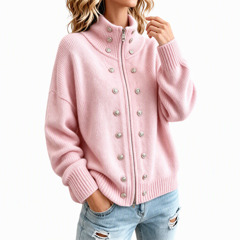 Women's Stand Collar Double-Breasted Knit Cardigan