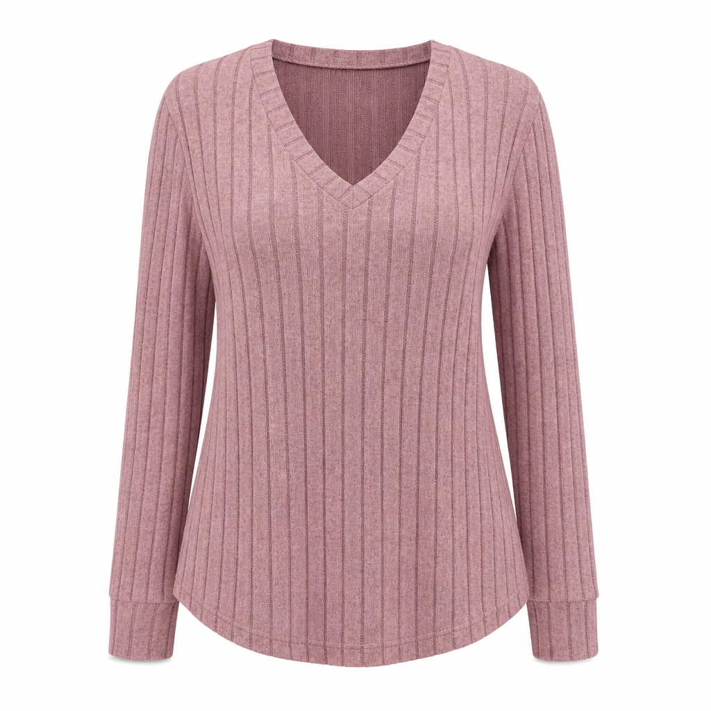 ๐Black Friday Mega Deal โ 50% off!๐ Women's Plus Size V Neck Long Sleeve Ribbed Brushed T-Shirt Loose Fit Solid Color Pullover Top
