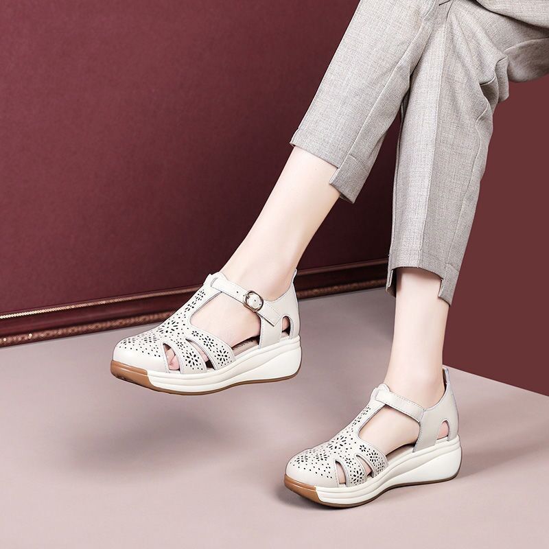 Women’s Hollow Wedge-heel Leather Sandals