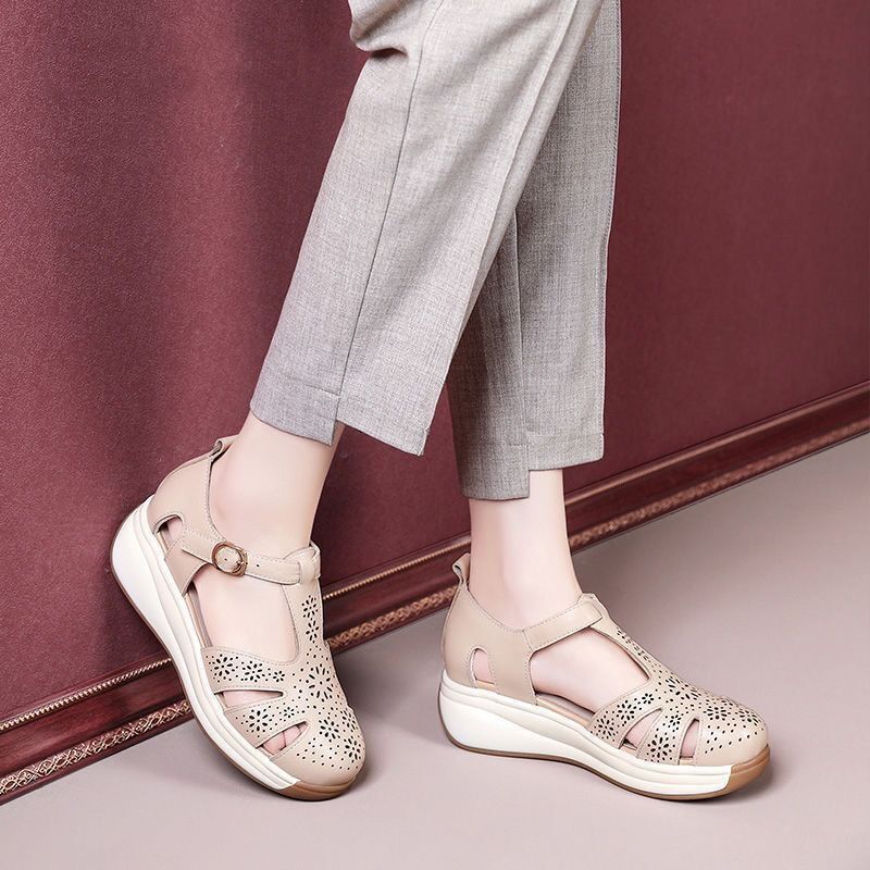 Women’s Hollow Wedge-heel Leather Sandals