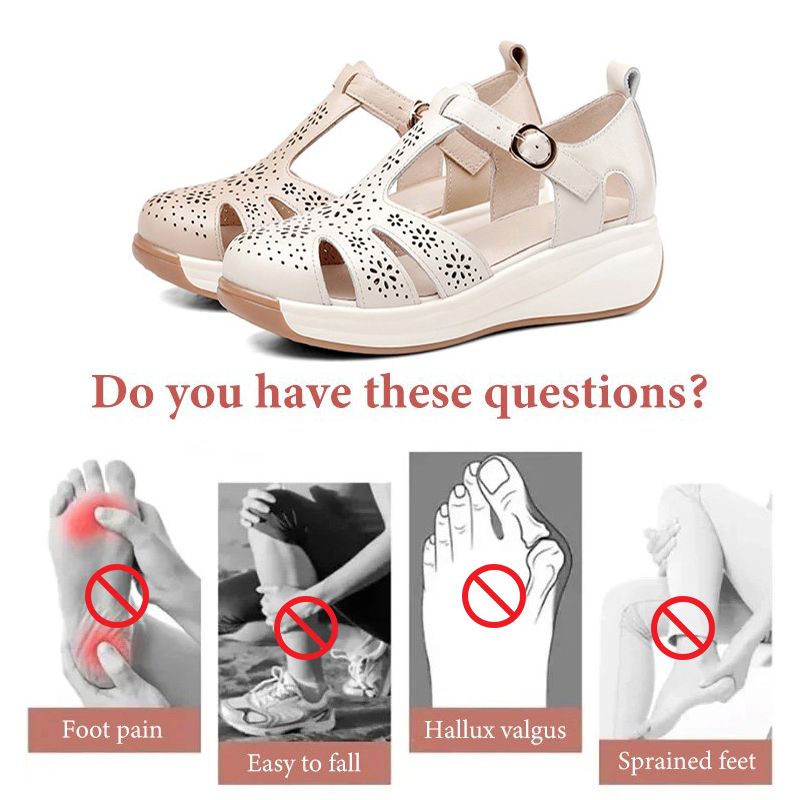 Women’s Hollow Wedge-heel Leather Sandals