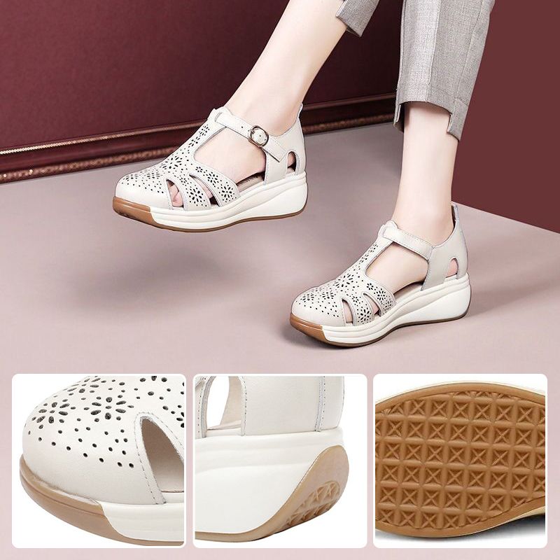 Women’s Hollow Wedge-heel Leather Sandals