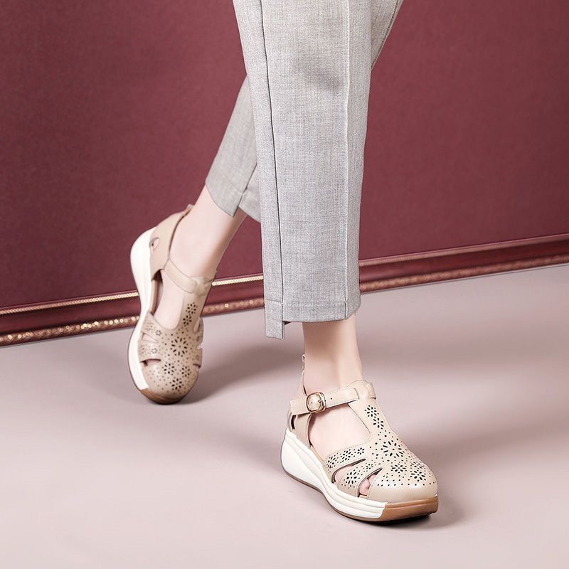Women’s Hollow Wedge-heel Leather Sandals