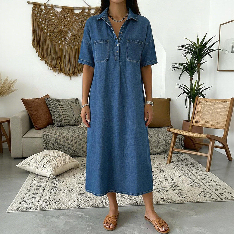 ✨ 50% Off – Casual Pocket Denim Midi Shirt Dress, Classic Button-Down with a Relaxed Fit, Perfect for Everyday Wear