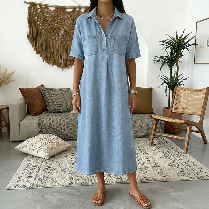 ✨ 50% Off – Casual Pocket Denim Midi Shirt Dress, Classic Button-Down with a Relaxed Fit, Perfect for Everyday Wear