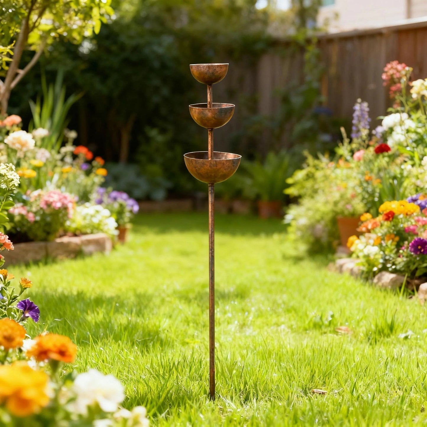 🐦LAST DAY SALE 50% OFF⚡ Rustic Metal Rain Catcher Plant Support Stake, Multi-Purpose Garden Ornament, Bird Bath & Bird Feeder for Yard Flower Bed Decor