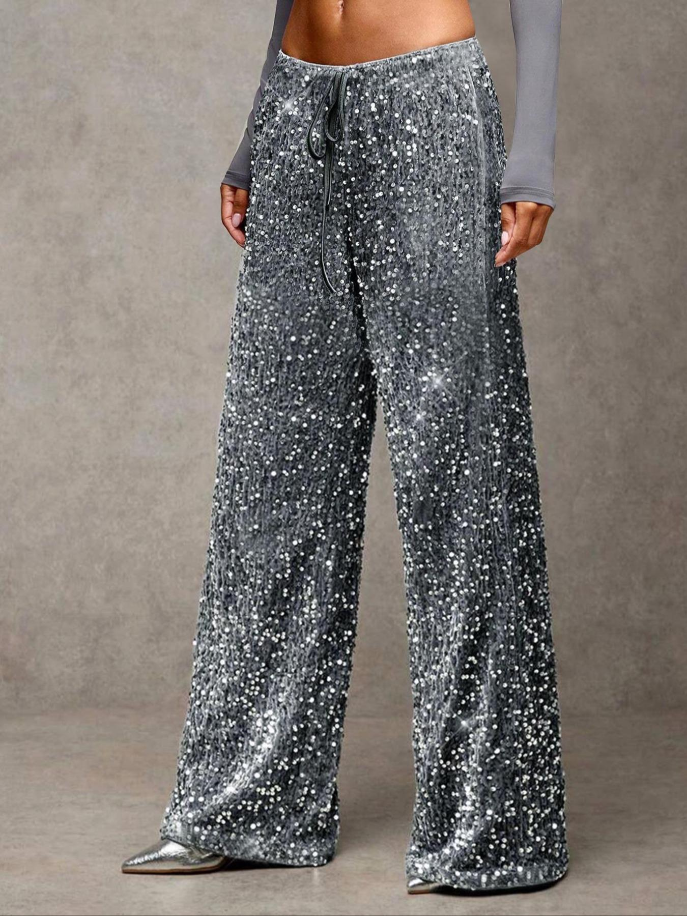 🎄🎁Christmas Sale 50% OFF🥰Women's Sequin Sparkle Wide Leg Pants with Elastic Waistband