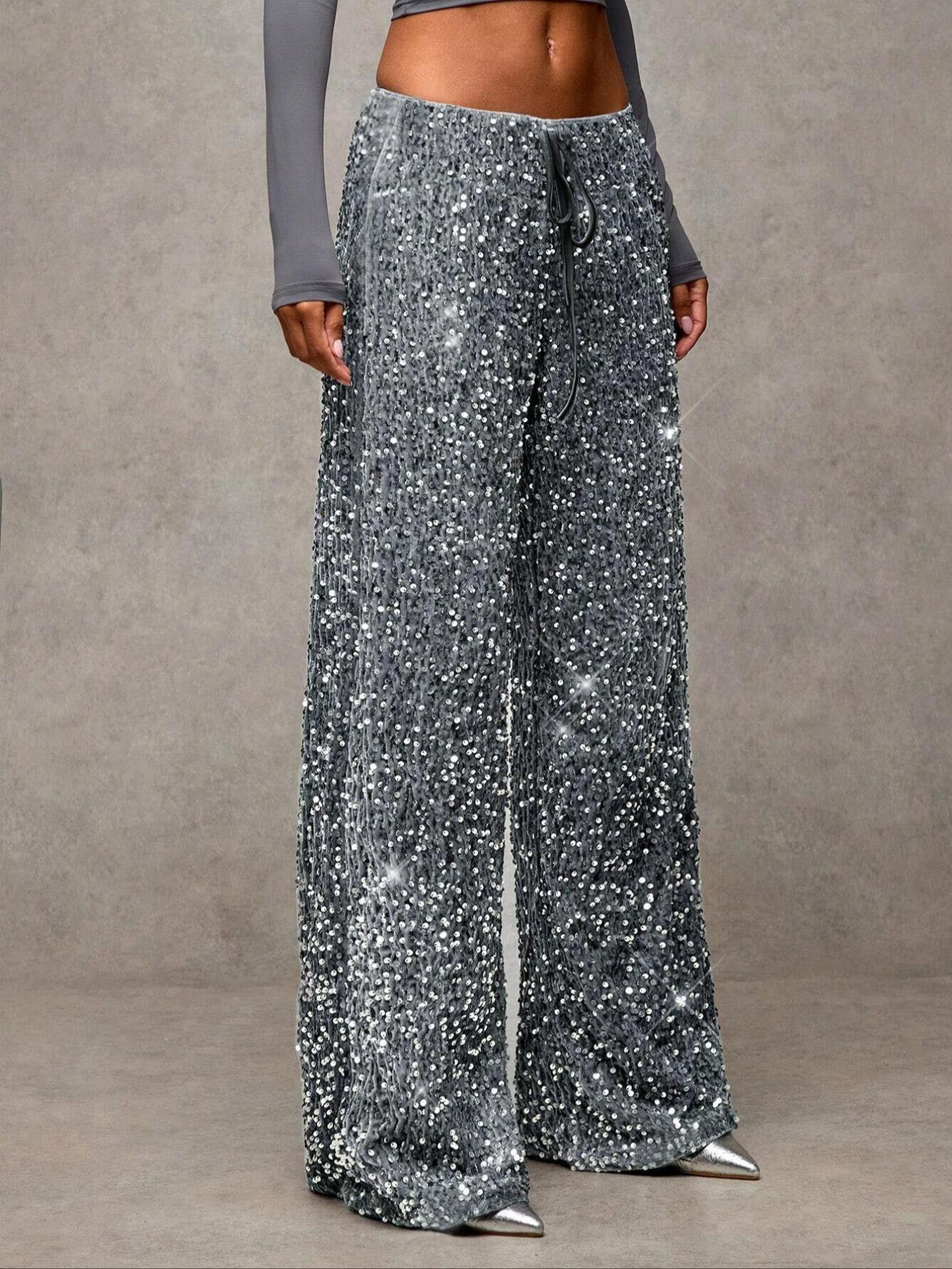 🎄🎁Christmas Sale 50% OFF🥰Women's Sequin Sparkle Wide Leg Pants with Elastic Waistband