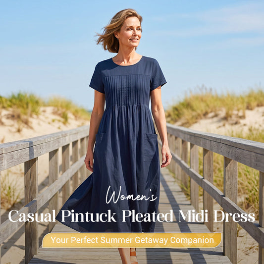 👗 Women’s Pleated Short-Sleeve Dress with Pockets – Soft Cotton-Linen Blend ☀️👜